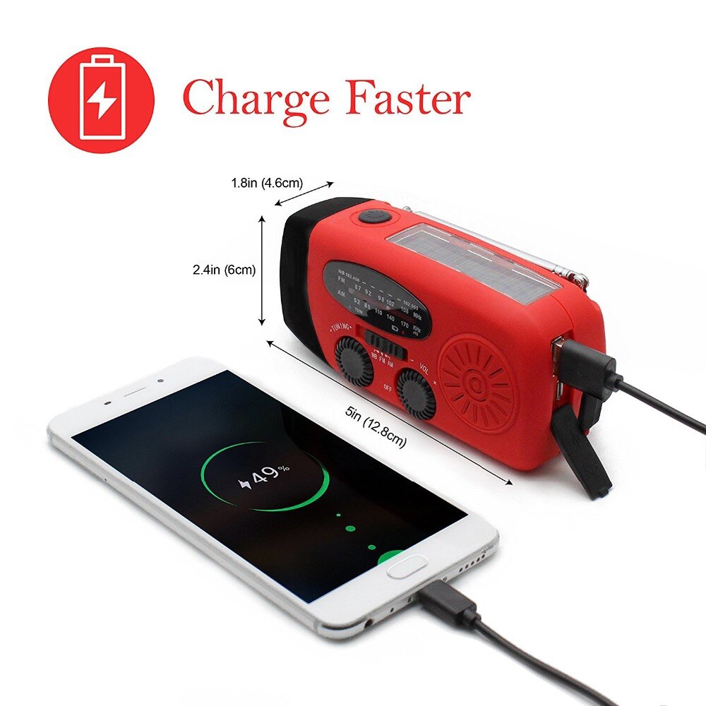 5-in-1 Portable FM Radio Hand Crank Self Powered AM/FM/NOAA Solar Emergency Radios with 3 LED Flashlight 1000mAh Power Bank