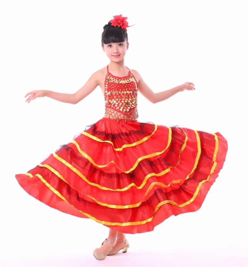 Girls Spanish Flamenco Dance Dress - Traditional Red Satin Costume With Frill Trim