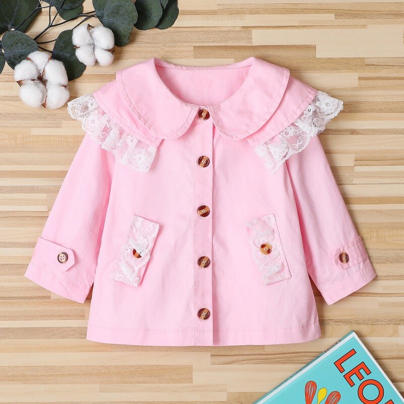 Primavera autunno neonata cappotto principessa pizzo increspato bambola colletto giacca neonato bambino abbigliamento per bambini manica lunga bottone Outwear