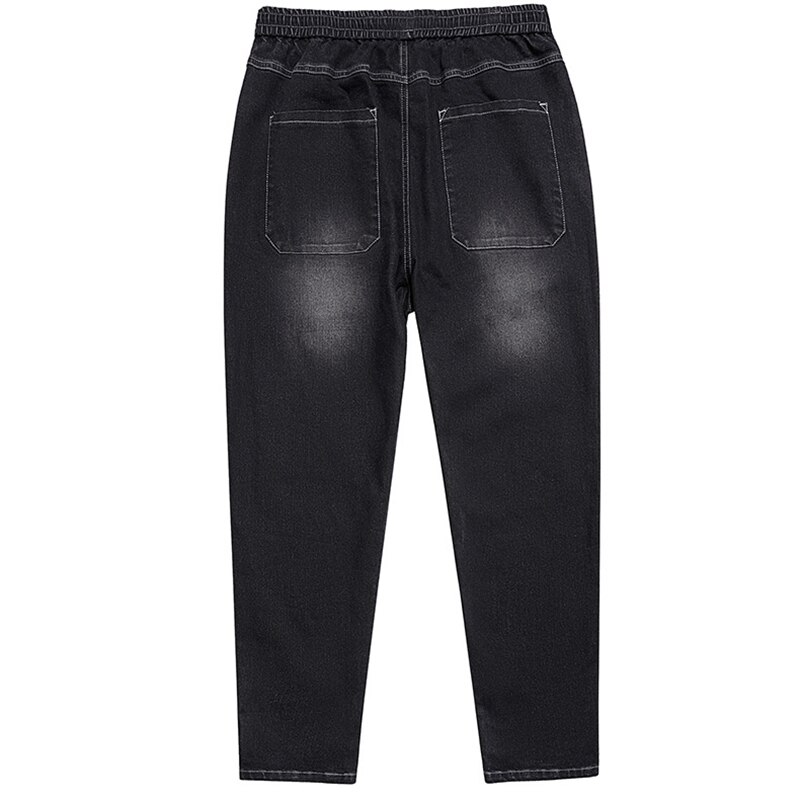 Casual joggingjeans dragsko elastisk midja rynkiga fötter byxor herr jeans haremsbyxor retro blå motorcykel
