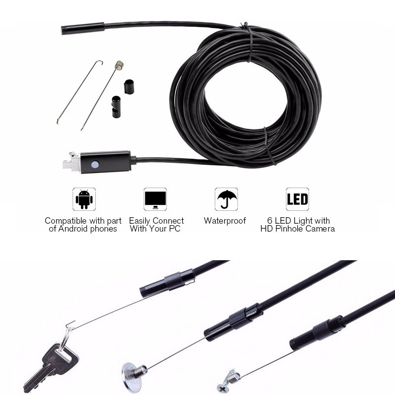 10M 7mm Lens USB Endoscope Waterproof Camera Wire Snake Tube Inspection Borescope for OTG Compatible Android Phones Endoscope