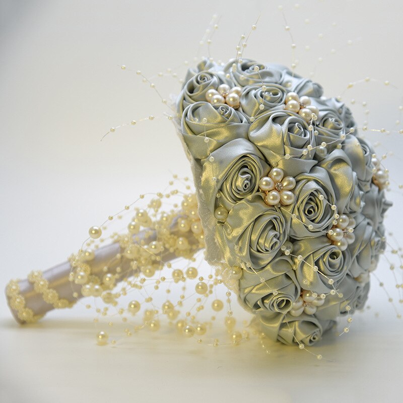 Janevini 2020 nova noiva flores cetim rosa pérolas rosa casamento buquê de cristal nupcial buquê fleur artificielle branco broche: Cinza