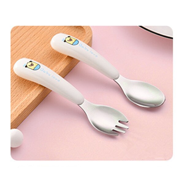 2Pc Portable Box Packed 304 Stainless Steel Kids School Lunch Use Fork and Spoon Cutlery Set Children Feeding Inox Flatware Set: White dog