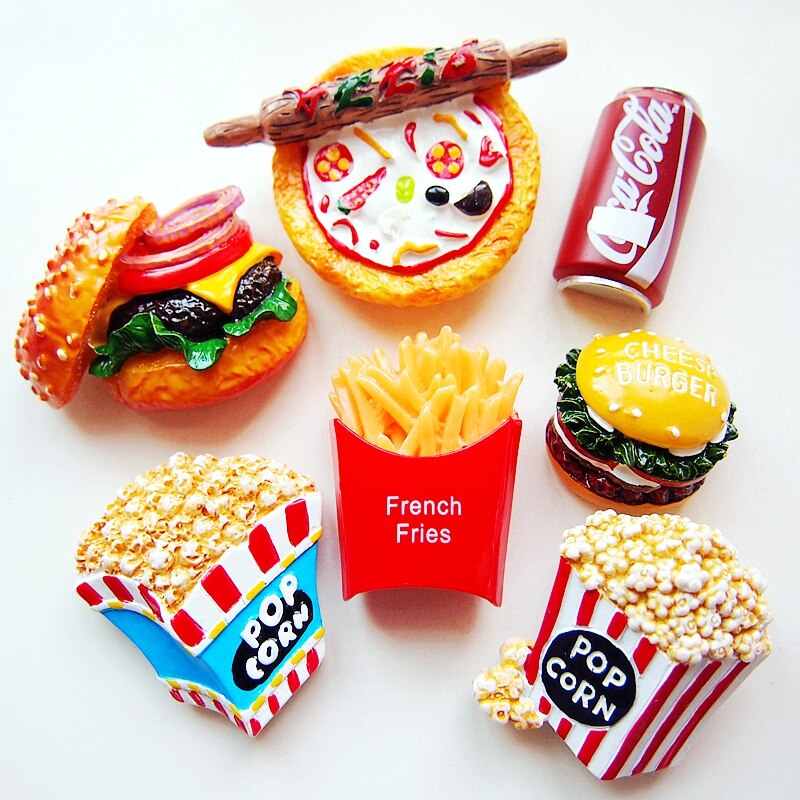 Håndlavet malet hamburger fries popcorn pizza 3d køleskabsmagneter turisme souvenirs køleskab magnetiske klistermærker