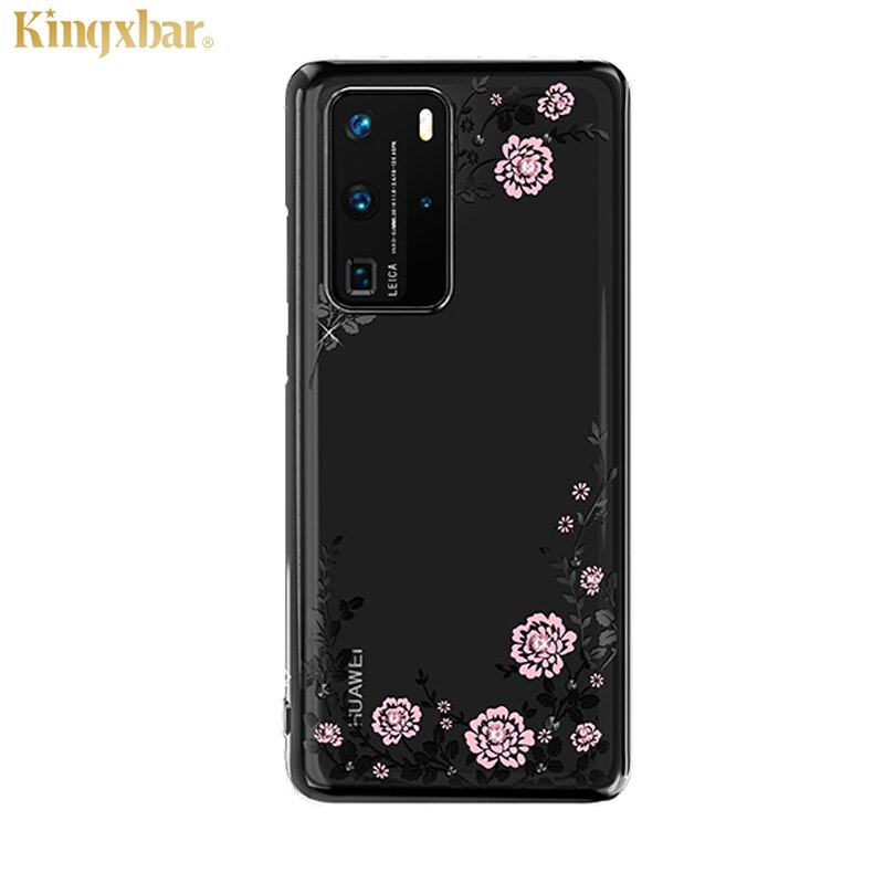 Original kingxbar cristais de luxo caso strass para huawei p40/pro moda fino banhado a flor duro claro pc capa traseira caso: For P40 / Flower Black