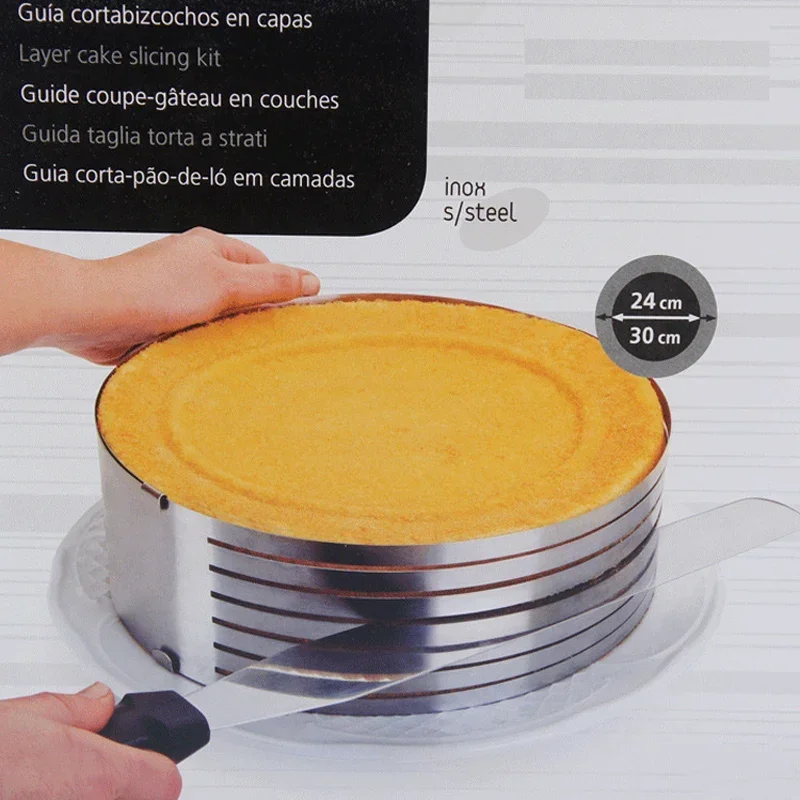 Cortador de pastel de pan redondo ajustable, molde de anillo de Mousse, rebanador de 6 capas, herramienta de horneado de cocina, herramientas de pastelería de confitería, 24-30cm