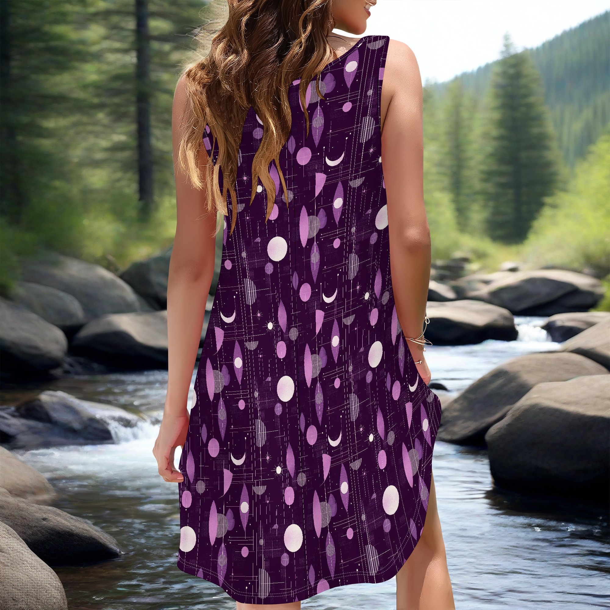 kosmisch sternenklar Himmel Kleid, ärmellos, lila Mondmuster, A-Linie, V-Ausschnitt, XS-2XL, mit Taschen für Feste und Ausgehen