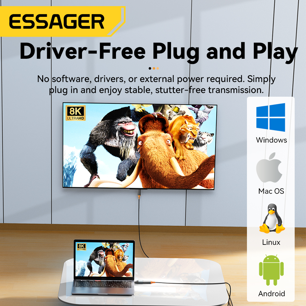 Essager USB-C to HDMI DP VGA Mini DisplayPort Adapter 8K 60Hz/4K 120Hz High-Definition Video Converter for MacBook PC Laptop
