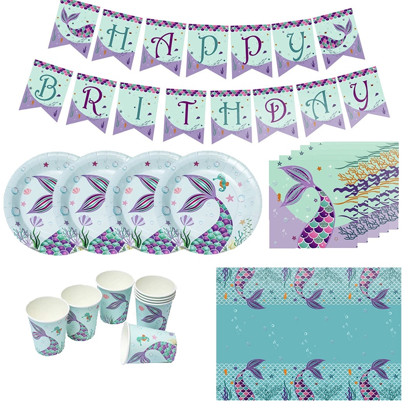 Mermaid Birthday Party Decoration Shell Plate Napkin Disposable Tableware Happy Birthday Party Decoration For Kids