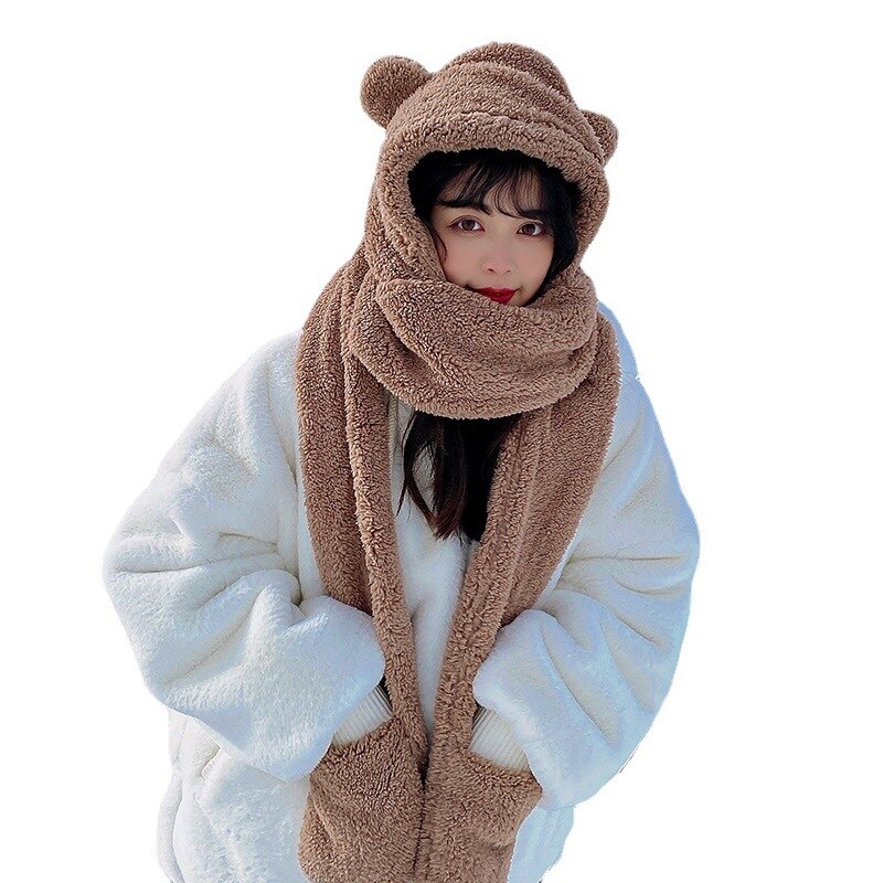 INS Bear – ensemble de gants et écharpes en peluche pour femme, chapeau et décontracté, en molleton solide, accessoires Kawaii, nouveauté hiver