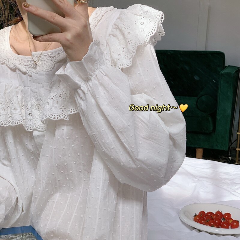 Casual Jacquard Lacework Witte Nachtjapon Vrouwen Stip Enkele Breasted Ruches Lange Mouwen Nachthemd Slaap Jurk Koreaanse D108: Default Title