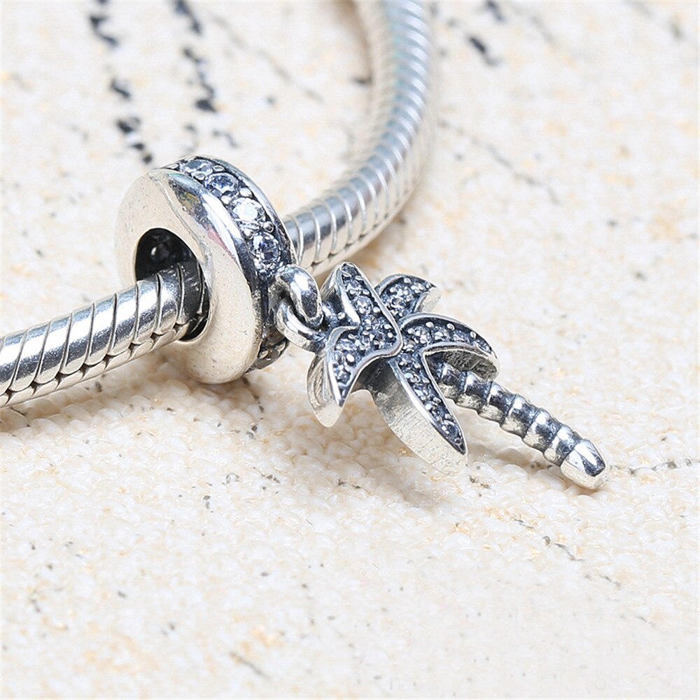Genuine 925 Sterling Silver Bead Charm Vintage Palm Tree With Crystal Pendant Beads Fit pan Bracelet & Necklace Jewelry