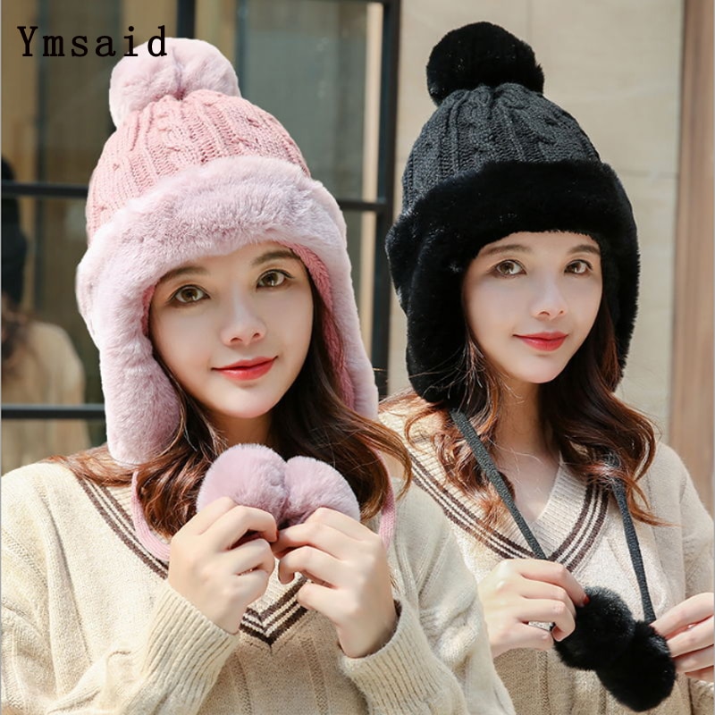Gebreide muts dames wintermuts dikker plus fluwelen oorwarmers gebreide muts pompon muts meisje vrouwelijke winter warme muts