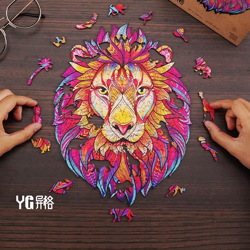 3D drewniane Puzzle dla dorosłych dzieci DIY tajemnicze Puzzle lwa każdy kawałek jest w kształcie zwierząt prezent na boże narodzenie drewniane Puzzle Jigsaw