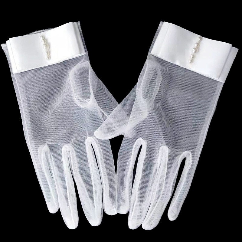 Sheer Tulle Dames Elegante Handschoenen Vrouwen Pols Lengte Bruids Handschoenen Met Parels Voor Trouwjurk Transpare Vinger Handschoenen ST331