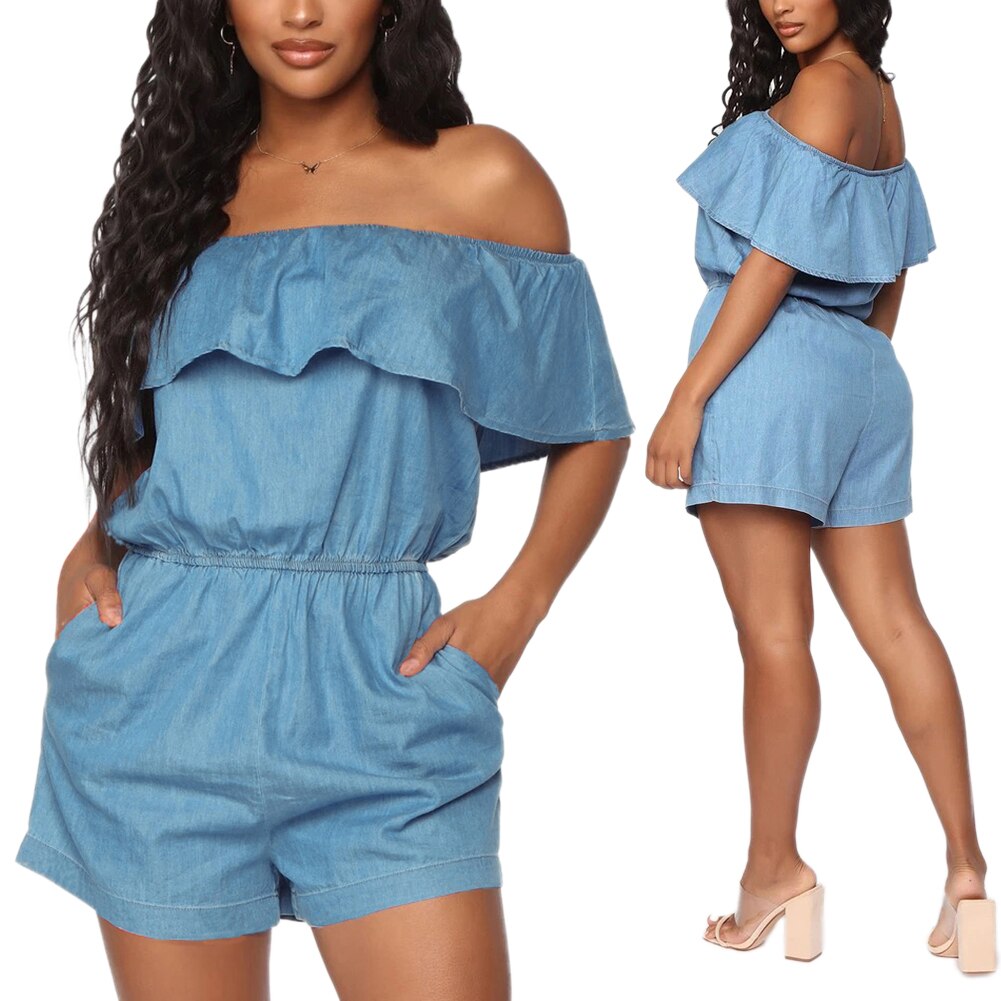 Monos vaqueros con volantes para mujer, peto de Sport con bolsillos, Pelele de cintura elástica, Pantalones vaqueros de una pieza, monos azules para mujer: Azul cielo / M