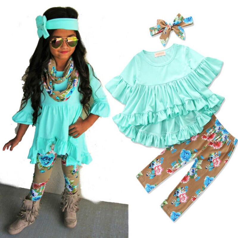 Boutique Del Bambino Dei Capretti Del Bambino Della Ragazza di Colore Solido Top del Vestito Stampato Floreale Pantaloni Legging Vestito Vestiti 1-6Y