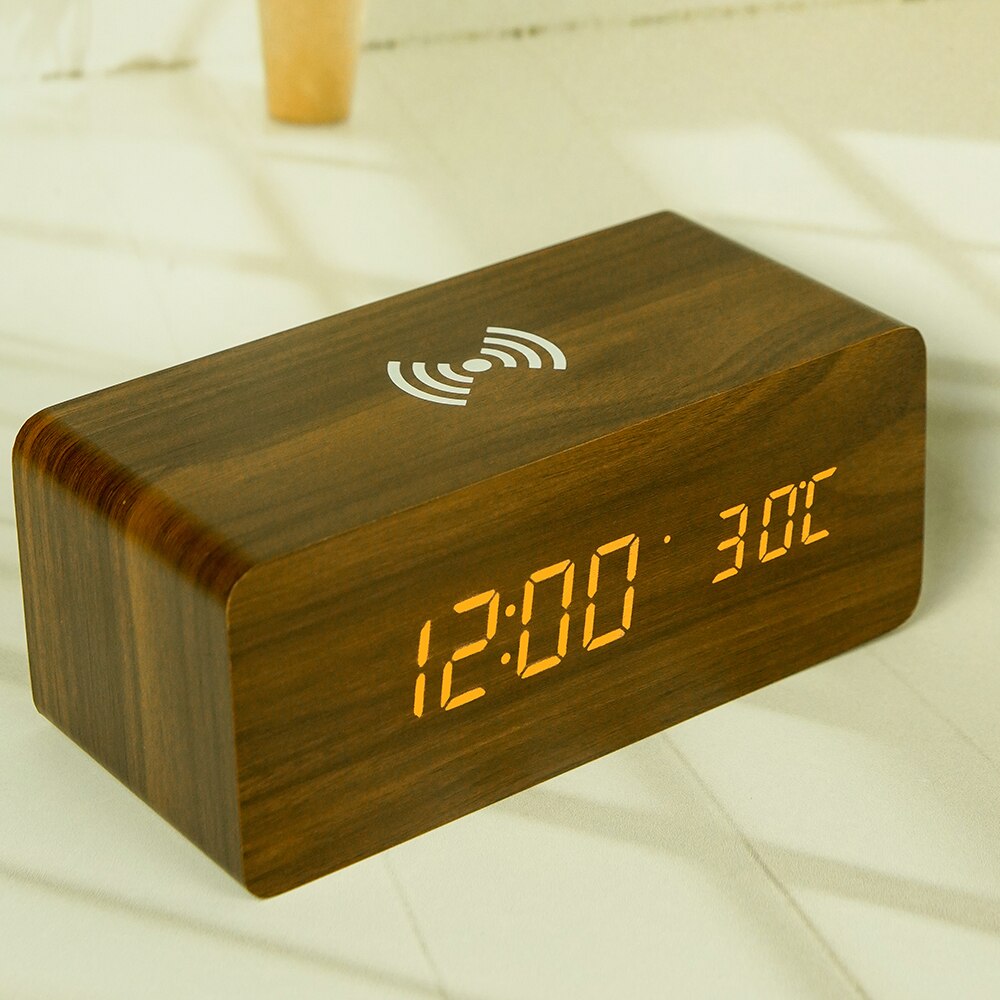 Creatieve Decoratie Elektronische Klok Mobiele Telefoon Draadloos Opladen Houten Klok Led Digitale Klok Geluid Controle Functie: Bruin
