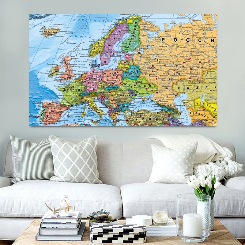 Cuadro de lienzo no tejido con mapa de Europa ruso para niños, Póster Artístico de pared, suministros de estudio, decoración del hogar para sala de estar, 150x100cm