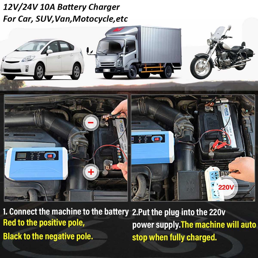 12V/24V 10A LCD Smart Fast Car Battery Charger for Auto Motorcycle Lead-Acid AGM GEL Batteries Intelligent Charging Units