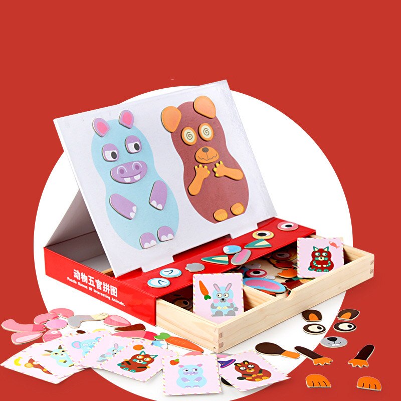 DDWE Kids Houten Dieren Veranderende Magnetische Puzzel Educatief Tekening Boards 3D Puzzel Kinderen Jigsaw Speelgoed voor kinderen dag
