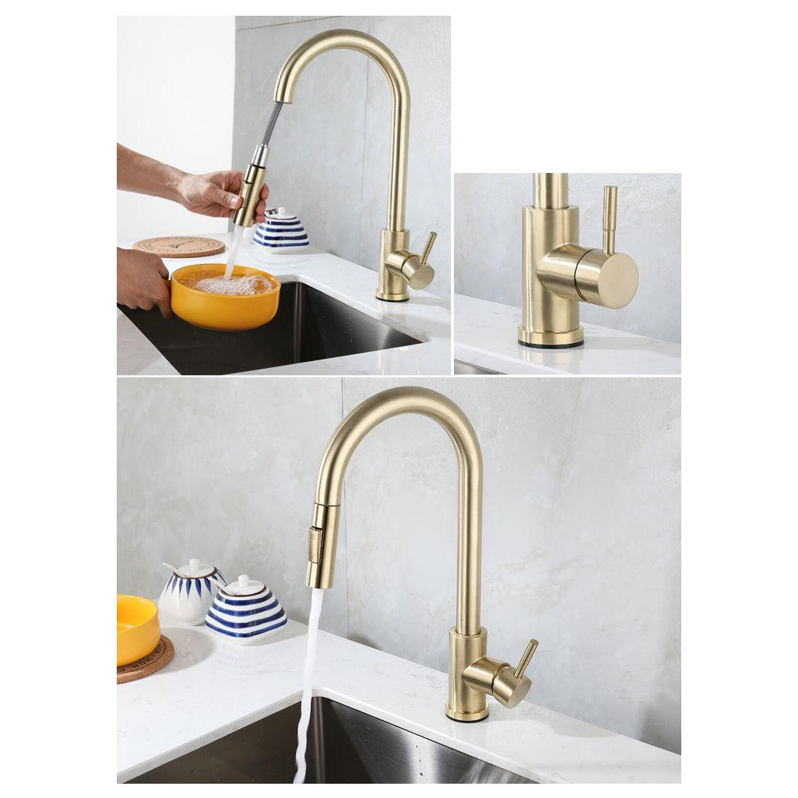 Smart Touch On Kitchen Faucet Sensor 360 Rotation Pull Out Single Handle Mixer Tap Two Water Modes Sink Crane Cold: Golden