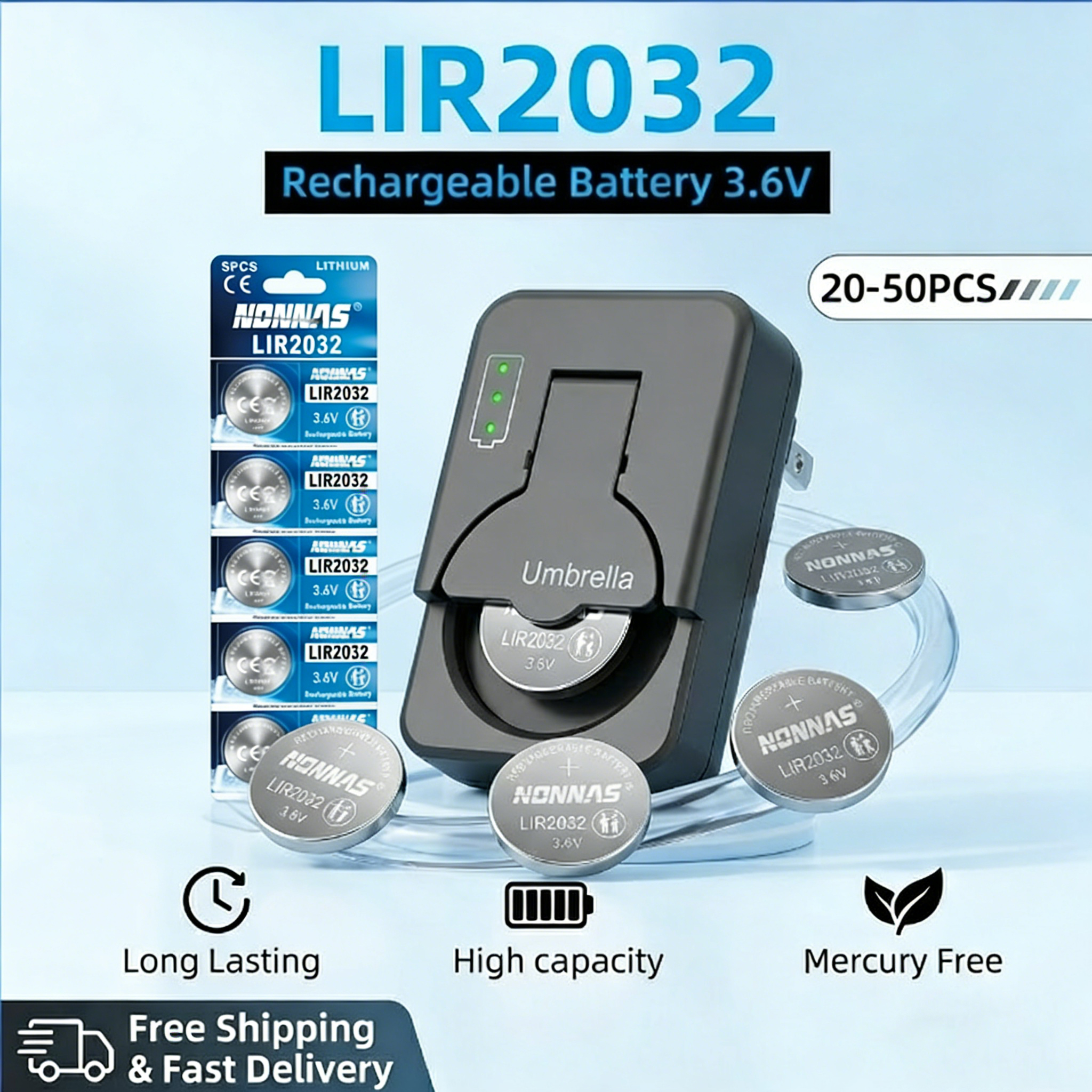 Bateria recarregável LIR2032, 20-50 peças, célula de lítio tipo moeda, pode substituir CR2032 para relógio