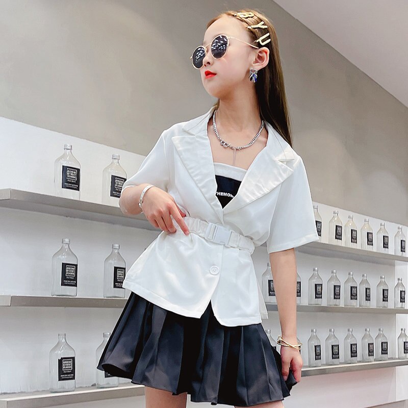 Ropa coreana para niñas, Chaqueta de traje de manga corta, Color blanco y negro, chaquetas de para adolescentes, abrigos con cinturón de 5, 6, 8, 10 y 12 años: Blanco / 9