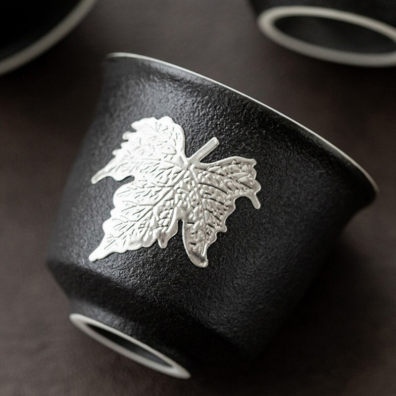 Thé thé maître tasse bol noir Zen thé tasse Boutique à la main incrusté feuille d'étain gros poterie tasse à thé