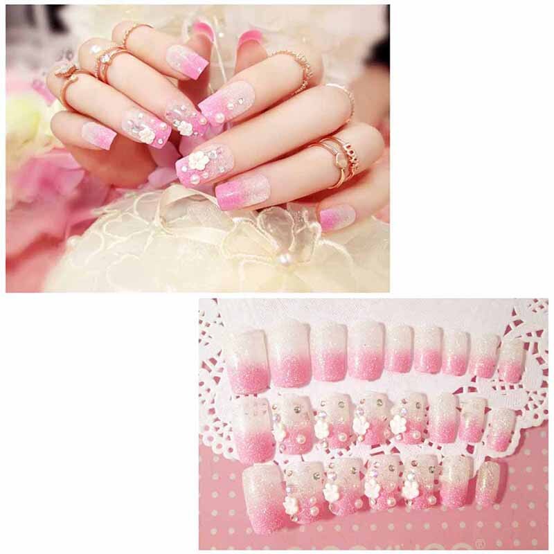 rose mariage mariée complet ongles conseils avec colle fleurs brillant 3D diamant strass faux Nail Art outil 24 pièces