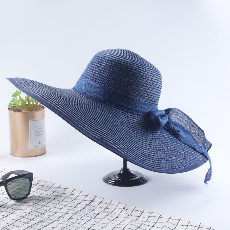 printemps été chapeau de paille femmes tempérament nœud papillon grand bord soleil chapeau Panama Style extérieur plage parasol chapeau de soleil: Royal blue