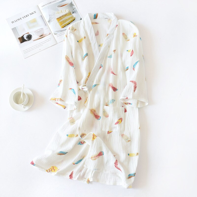 Bata de baño de gasa para mujer, estilo japonés, 100% algodón, bonita bata de baño para el hogar, Kimono largo estampado, ropa de noche para el hogar