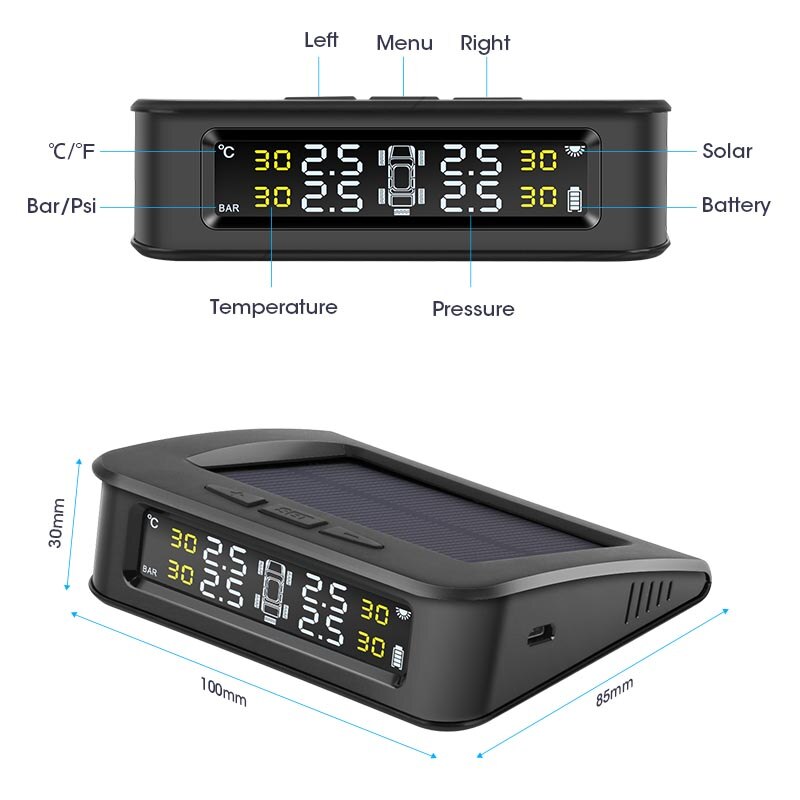 Tpms 5 däck bilsensor trycklarmövervakningssystem visar soltryckskontrollvarning via extern sensor 6 bar usb