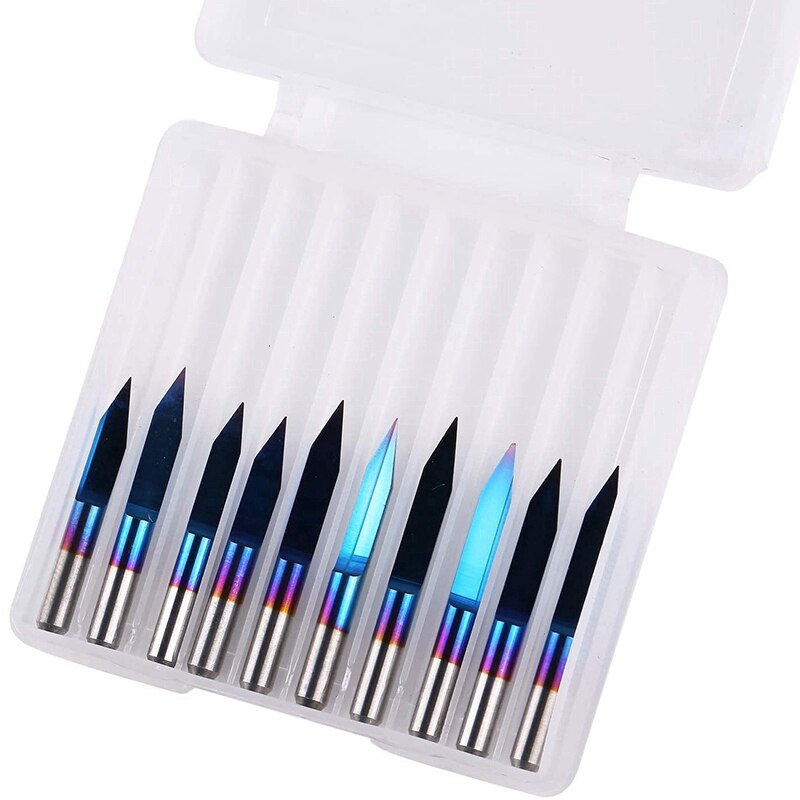 10 stuks v-vormige pcb graveerbits met blauwe coating, 3d freesjes met 30 graden, 0.1mm punten en 1/8 inch schacht, cnc freesbit