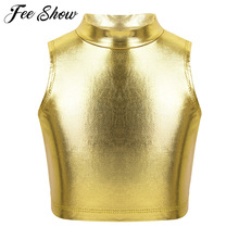 Barn tonåringar ärmlös turtleneck metallisk balett gymnastik crop tops barn flickor jazz performance dans klädsel kostym