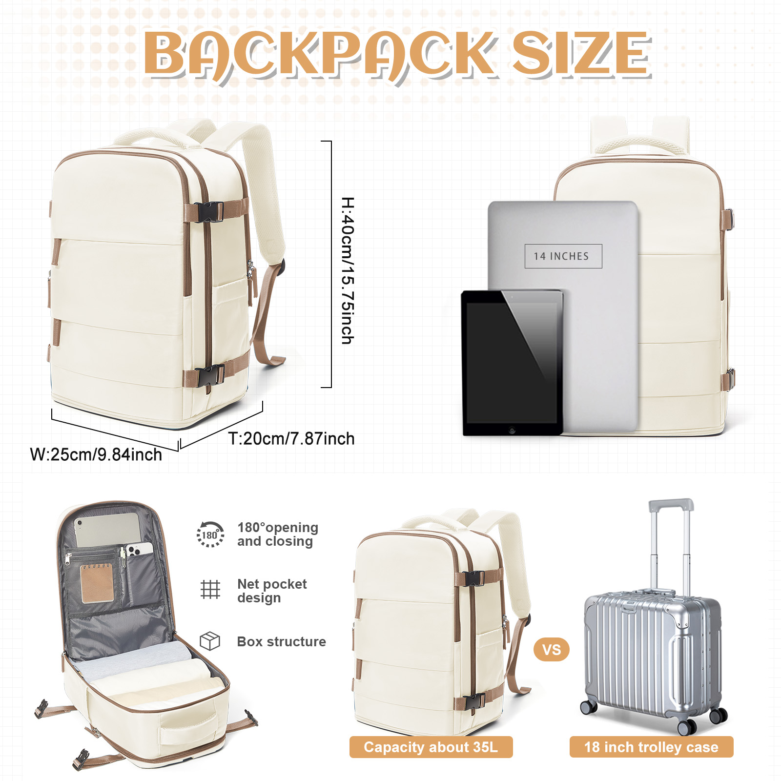 Reisrugzak voor dames heren, handbagage 40x20x25 voor Ryanair Cabin reistas College boekentas Waterdichte laptoptas voor werk