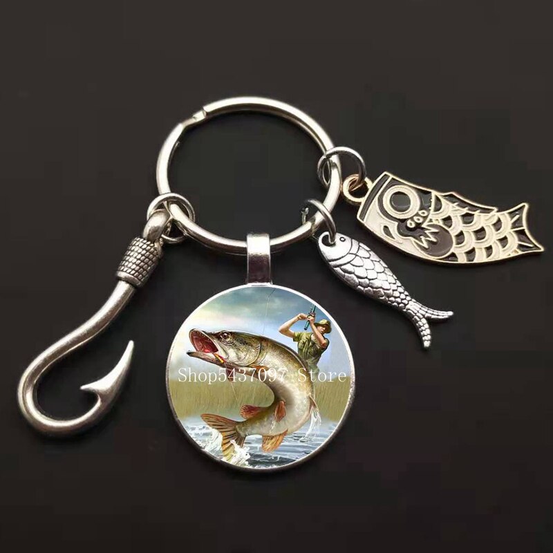 LLavero de maestro de pesca a la , llavero con anzuelo, llavero con cúpula de cristal, llavero de pescador I Love Fishing Fish, llave colgante: Perla negra