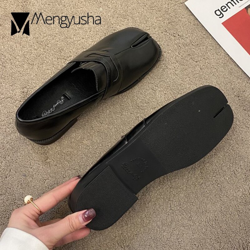 Dames flats met gespleten neus, dikke hakken, derbyschoenen, dames oxfords, zachte onderkant, tabi ninia schoenen voor dames, ondiepe instappers: Zwart / 9