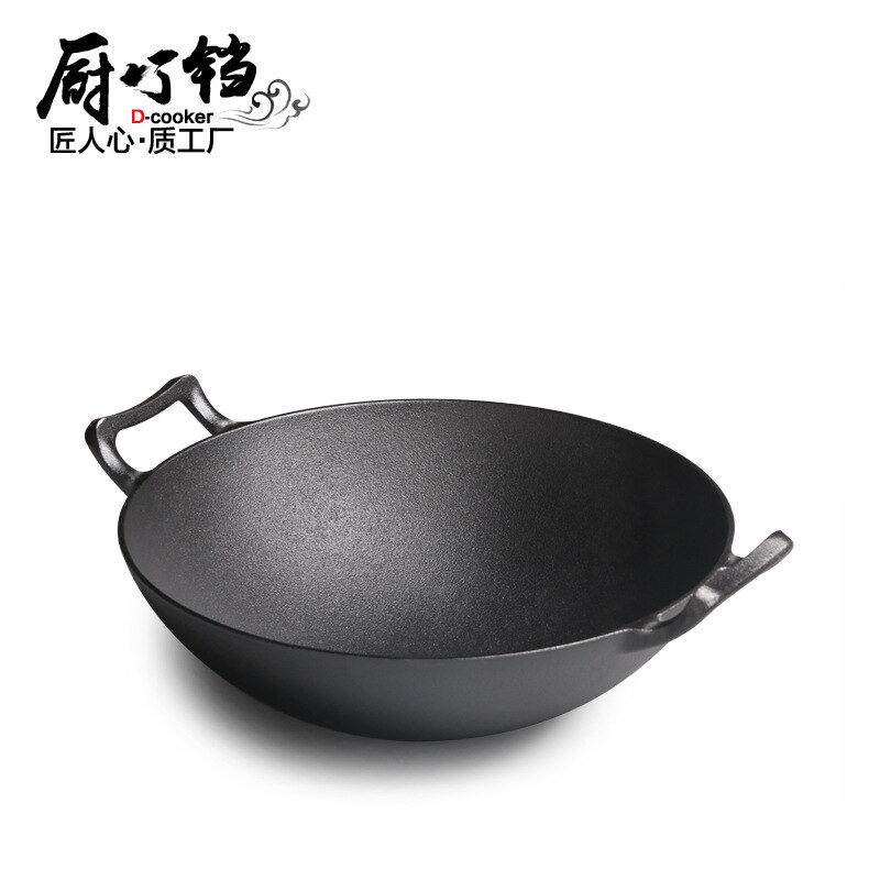 Gietijzeren Wok Dubbele Oor Ronde Bodem Grote Wok 36 Cm Ongecoat Oude Gietijzeren Pan Verdikking