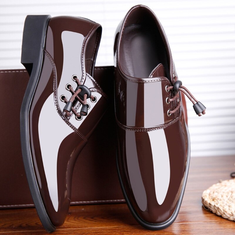 Classic 6cm Men High Heel Shoes Formal Mens Party Loafers Brown Patent Leather Dress Shoes Men Oxfords Mens Pointy Shoes