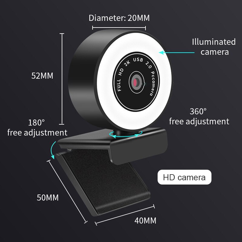 1080P / 2K Hd Usb 2.0 Autofocus Webcam Met Microfoon En Led Ring Licht Voor Desktop / Laptop / Computer Ondersteuning Windows 2000/Xp