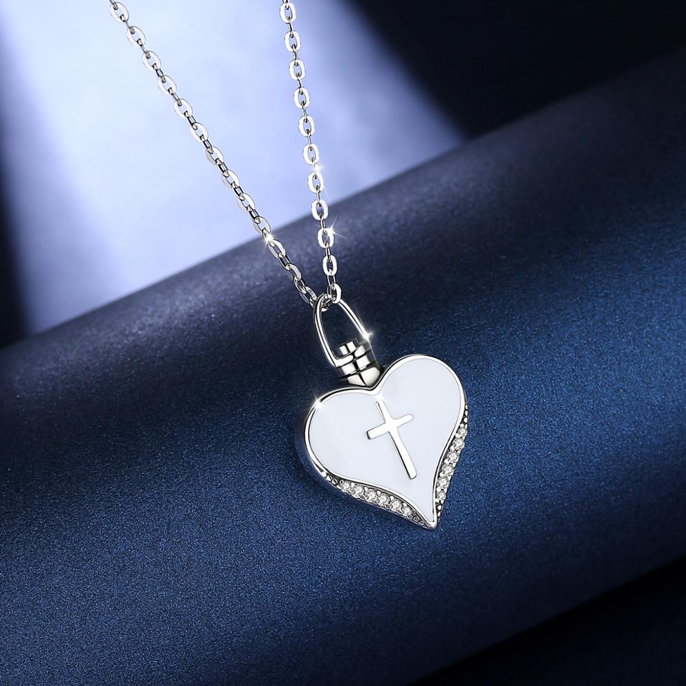 1pc Sterling Silver Heart Cremation Urn Necklace Ash Jewelry Memorial Keepsake Cross Pendant Forever in my heart CZ Necklaces G1