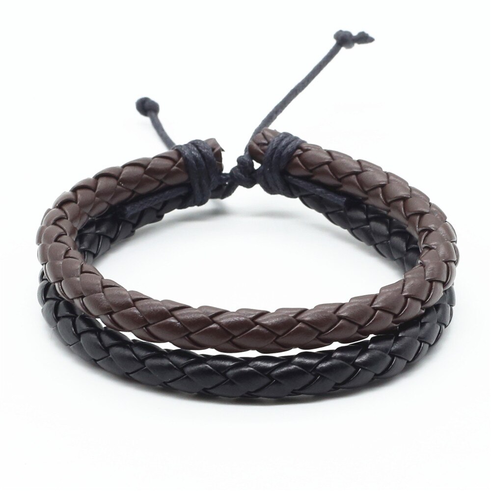 Neue Lässig Vintage Punk 2 schicht Braun Schwarz Handgemachte Webart Pu-leder Männer Armbänder Für Frauen Homme Männer Schmuck: black and brown