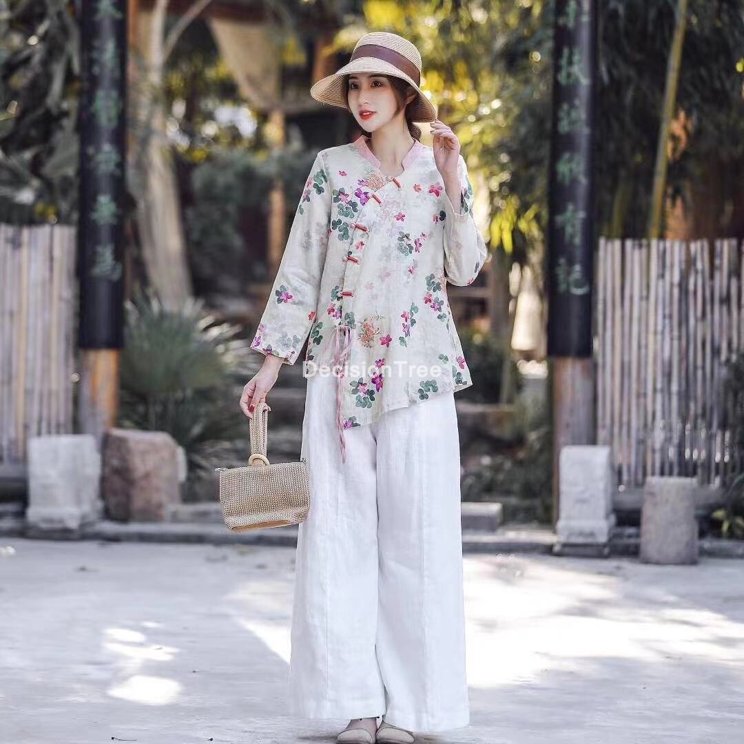 2022 woman traditional chinese qipao top cotton linen half sleeve bow hanfu tops chinese casual vintage tang suit shirt