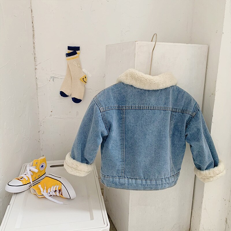 Baby Jungen Mädchen Dicke Warme Denim Jacke Winter Turndown Kragen Tasche Fleece Futter Kinder Herbst Kleidung Oberbekleidung Tops