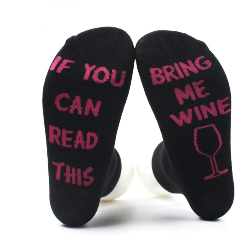 1Pair Funny Socks Autumn Spring Fall Letters Short Ankle Cotton Socks IF YOU CAN READ THIS BRING ME A GLASS OF WINE/BEER: black