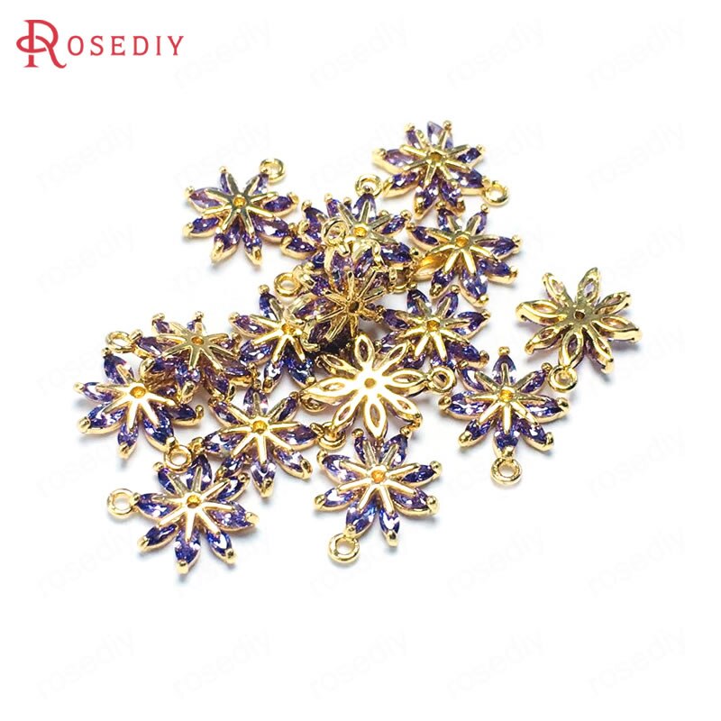 6PCS 10x12MM 24K Champagner Gold Farbe Messing und Zirkon Blume Schneeflocke Charms Anhänger Schmuck Machen liefert Zubehör: Purple