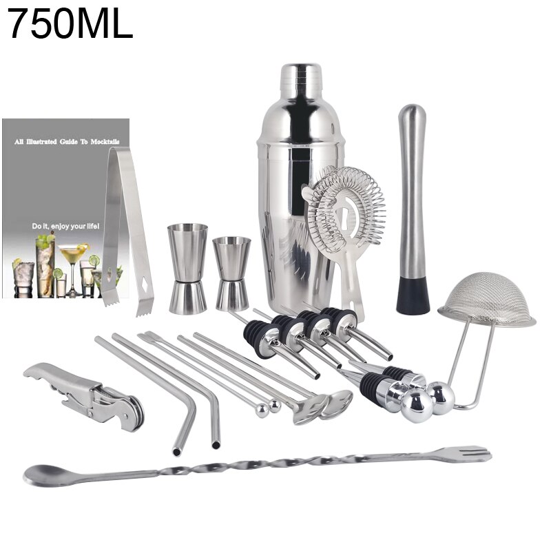 1-22Pcs Boston Cocktail Shaker Bar Gereedschap Wijn Mixer Set Barman Cocktail Shaker Tool Kit Schenker Jigger Warhoofd met Houder: 22S 750ml No Rack