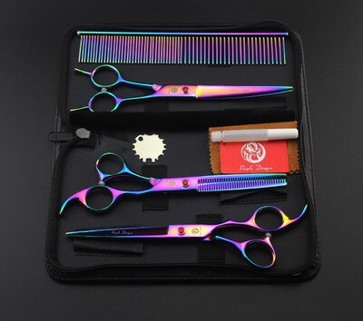 Purple dragon 7 inch Pet Scissors For Dog Grooming Straight &amp; Thinning &amp; Curved Scissors: colorful P-703