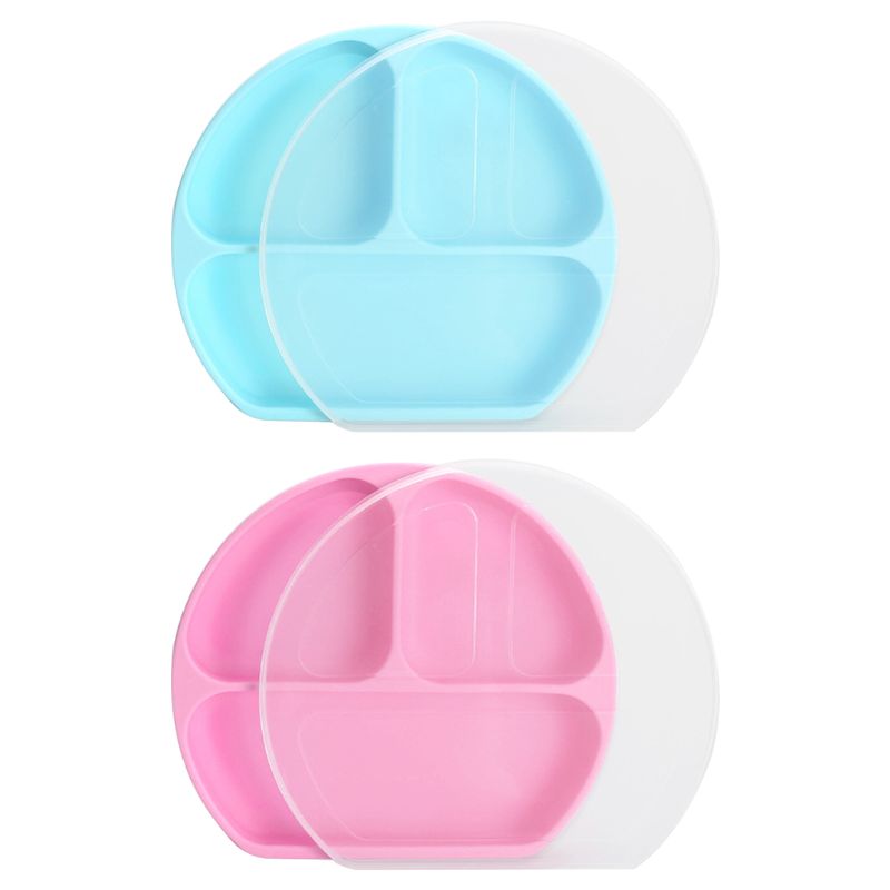 Plato de bebé de silicona de grado alimenticio plato de agarre de Base de succión dividido rosa con tapa R2JF